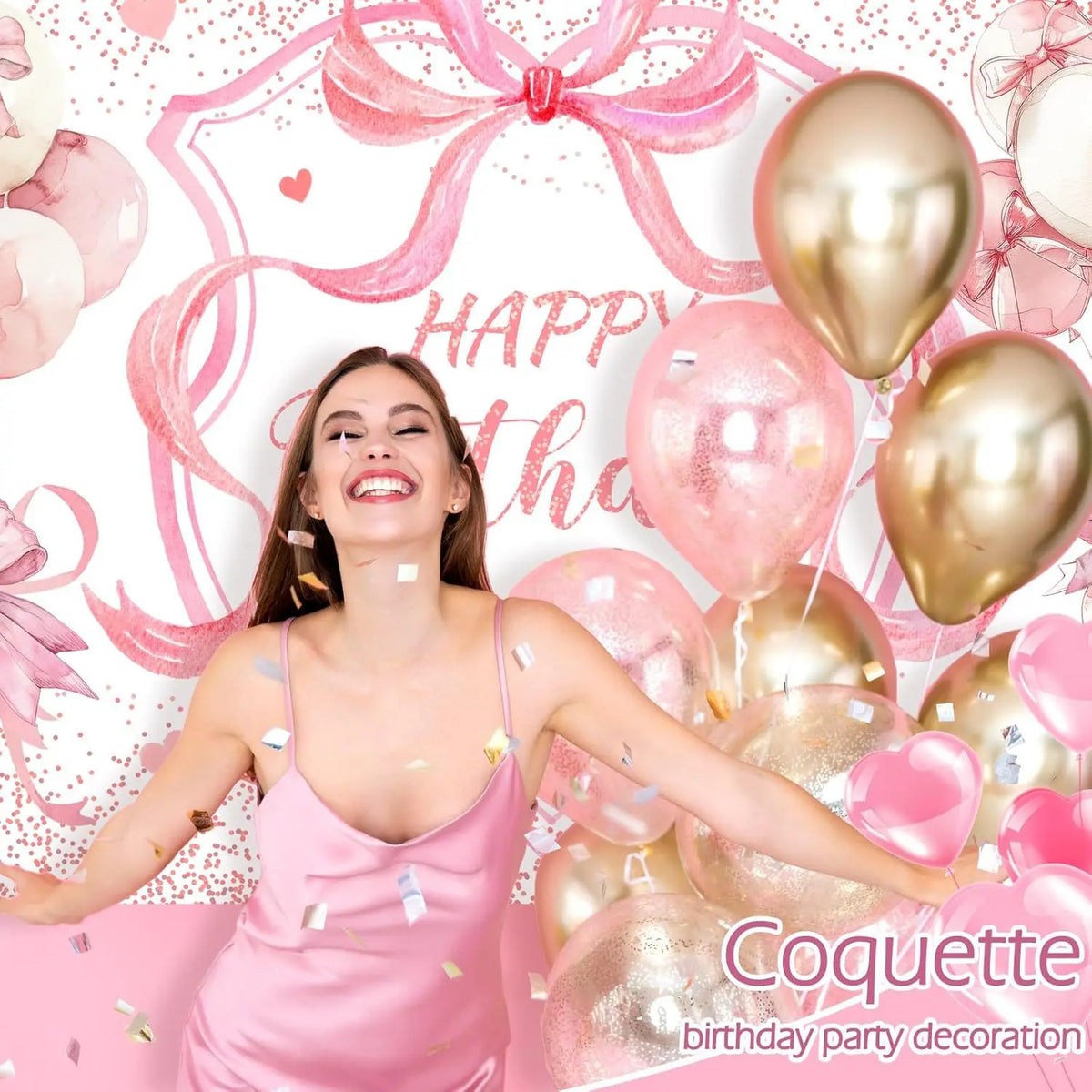 A smiling young woman in a pink dress poses in front of a pink and gold balloon backdrop for a birthday party decoration.