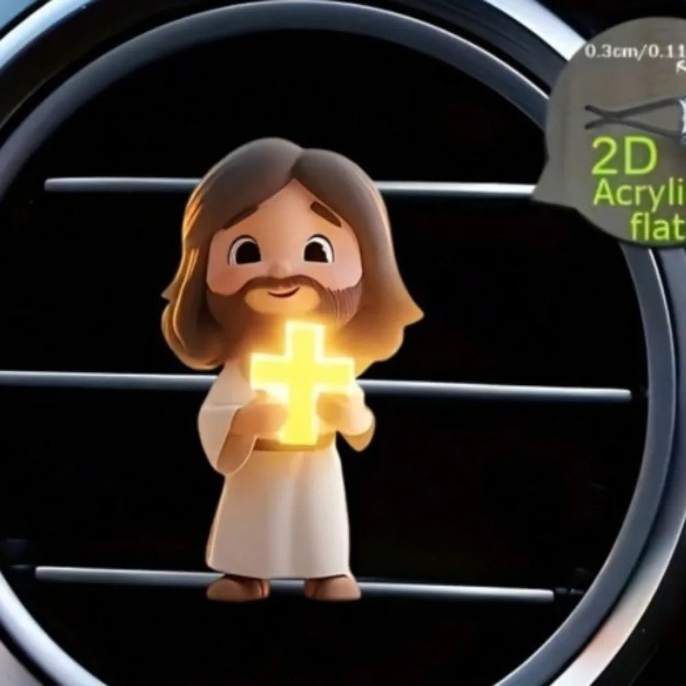 A cute acrylic teddy bear figure holding a glowing yellow cross, designed as a vent clip decor.