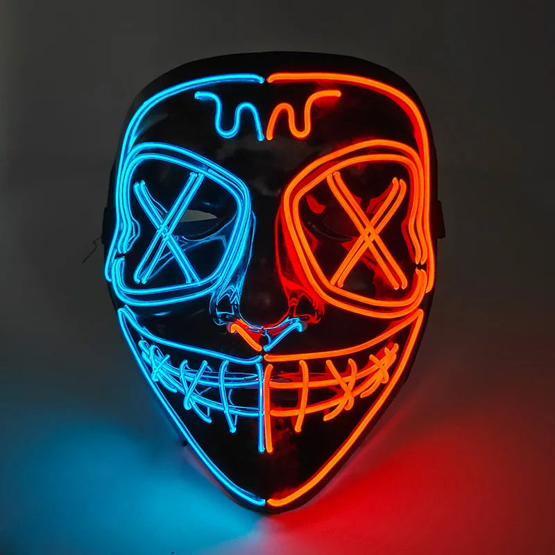 A black mask with glowing blue and orange LED lines forming a skull design.