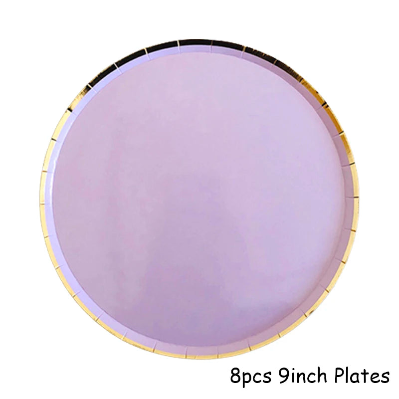 Eight 9-inch plates with a purple and gold rim for party tableware.