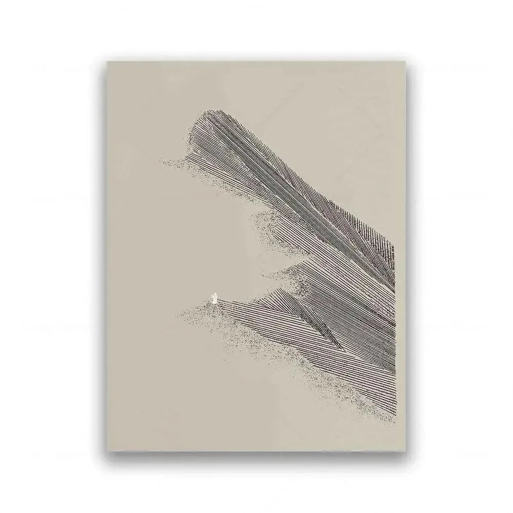 Arte abstracto en línea negra que representa una figura lavando pies en una impresión de lienzo beige claro.