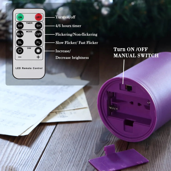 A purple flameless LED candle device is shown next to its remote control and a small accessory.