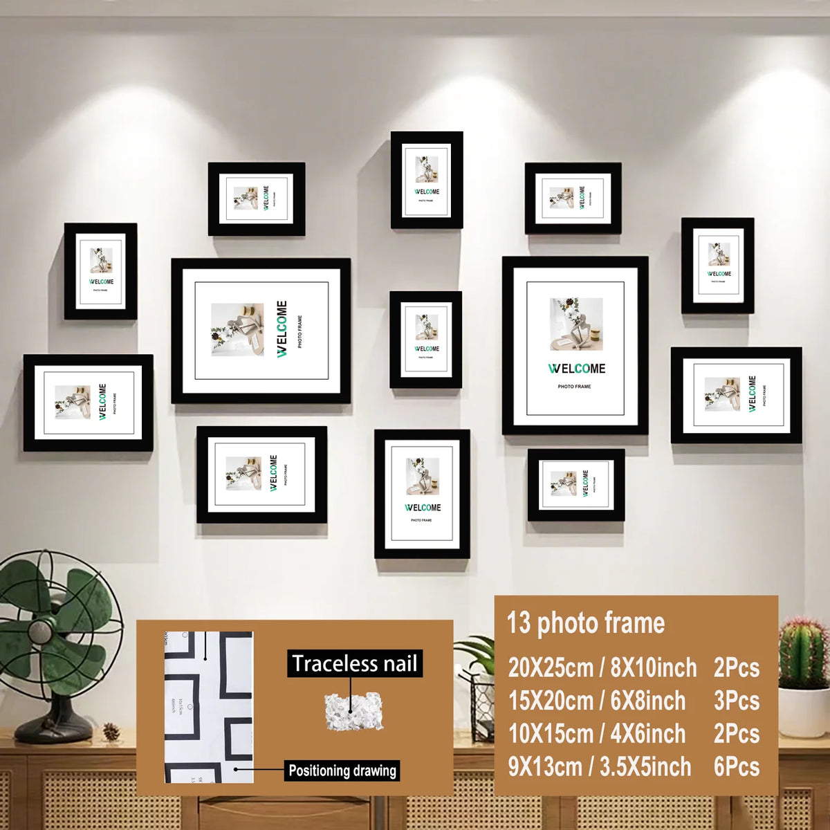A collection of 13 photo frames in black and white featuring various designs for wall display.