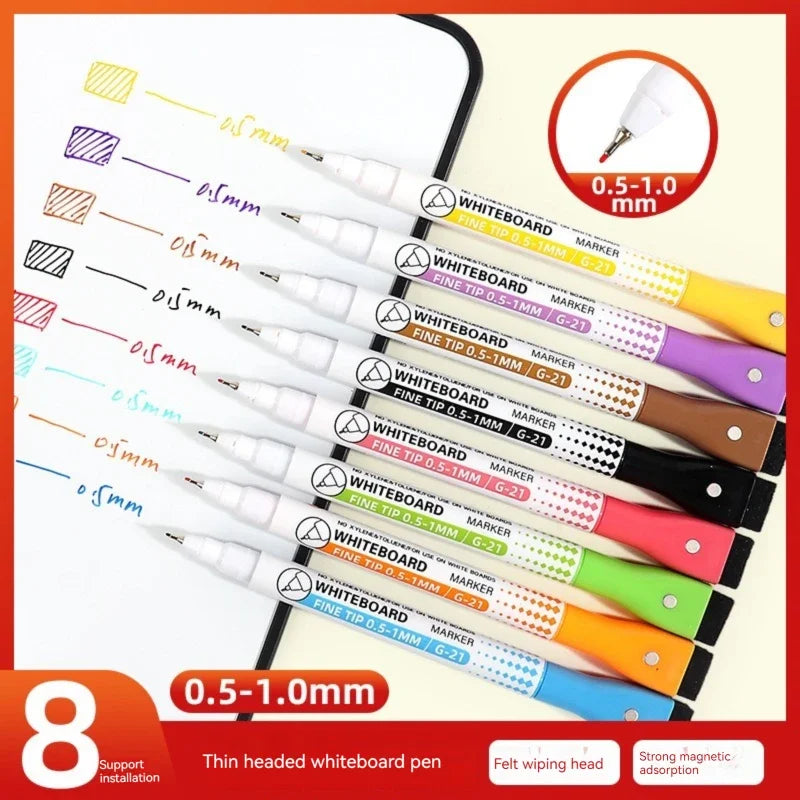 An 8-pack of thin-headed whiteboard markers in various colors and shades, showing different fine tips.
