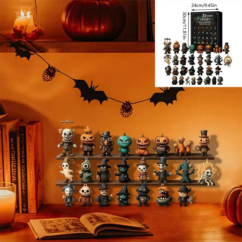 A display of Halloween advent calendar figurines featuring spooky characters and creatures.