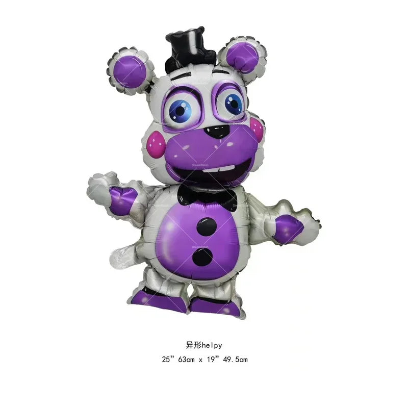 A purple and white foil balloon shaped like a bear for a themed birthday party.
