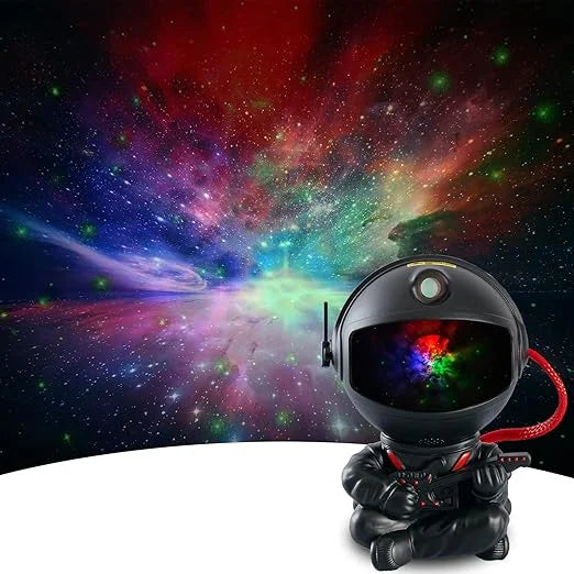 A black astronaut figure is shown in front of a vibrant, colorful galaxy background.