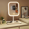 A white LED touch-sensitive vanity mirror with three color lighting modes displaying various cosmetic products.