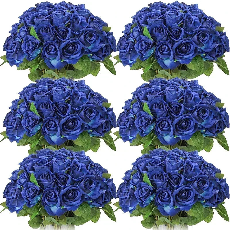 A bouquet of deep blue velvet artificial roses, arranged in clusters.