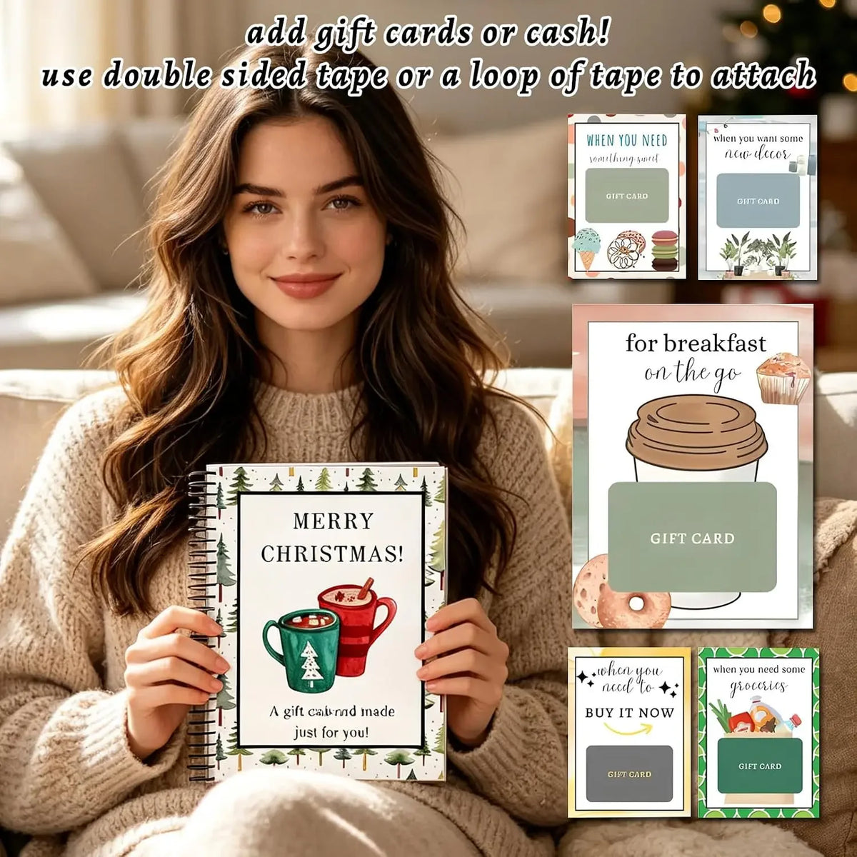 A woman holds a Christmas themed gift card book with festive designs and a cozy sweater.