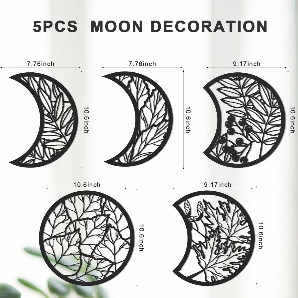 Five pieces of black wooden moon decoration featuring various leaf and botanical patterns for wall art