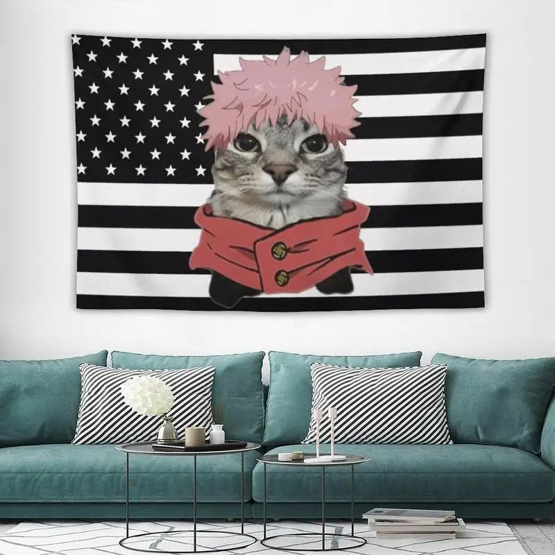 A tapestry featuring a cat with pink hair against an American flag background.