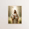 A painting depicting Jesus Christ holding a lamb in a natural, soft light setting.