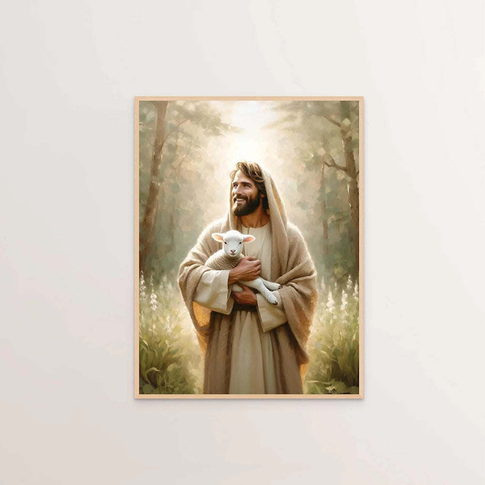 A painting depicting Jesus Christ holding a lamb in a natural, soft light setting.