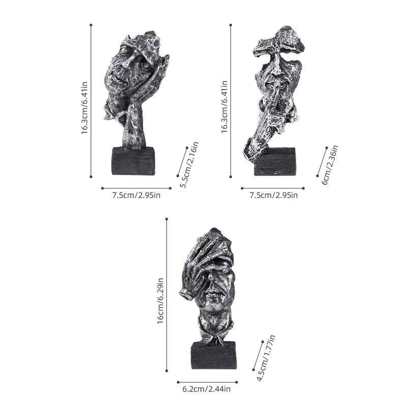 A set of three resin figurines depicting figures shrouded in cloth, displayed with measurement lines.