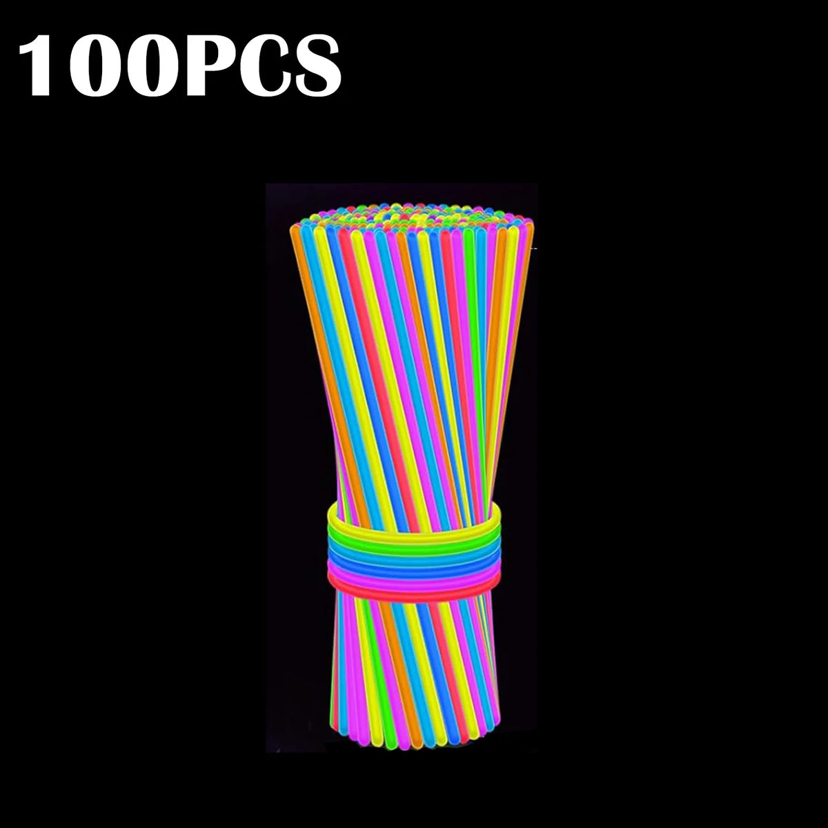 A bundle of 100 colorful glow sticks arranged vertically in a cylindrical shape.