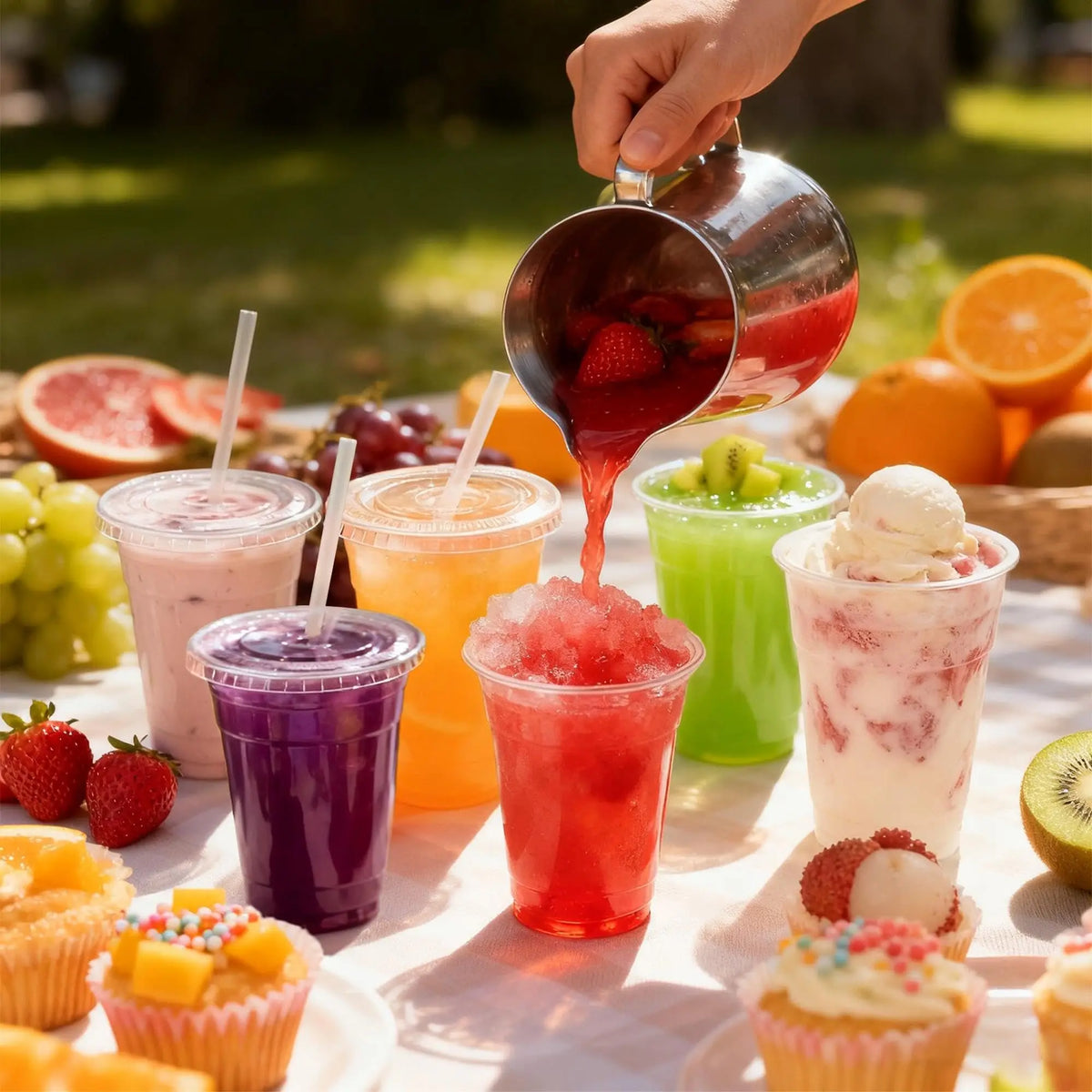 A variety of colorful fruit smoothies and juices in disposable plastic cups with straws are displayed outdoors.