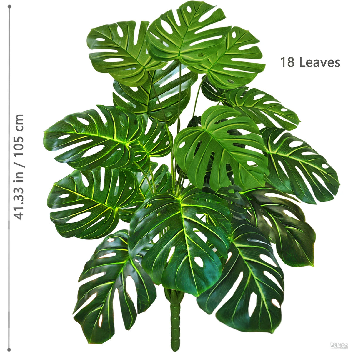 A vibrant artificial Monstera plant featuring 18 silk green leaves displayed against a white background.