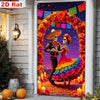 A vibrant banner featuring a colorful Mexican-style scene with a woman in traditional attire surrounded by floral arches and 