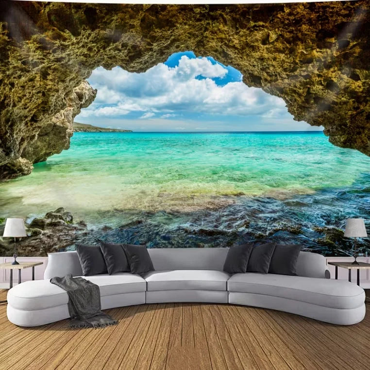 A scenic backdrop featuring a turquoise ocean view framed by natural rock formations and clouds.