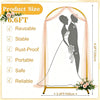 A gold metal arch backdrop stand for a photo booth or display, featuring a sheer fabric drape and floral accents.