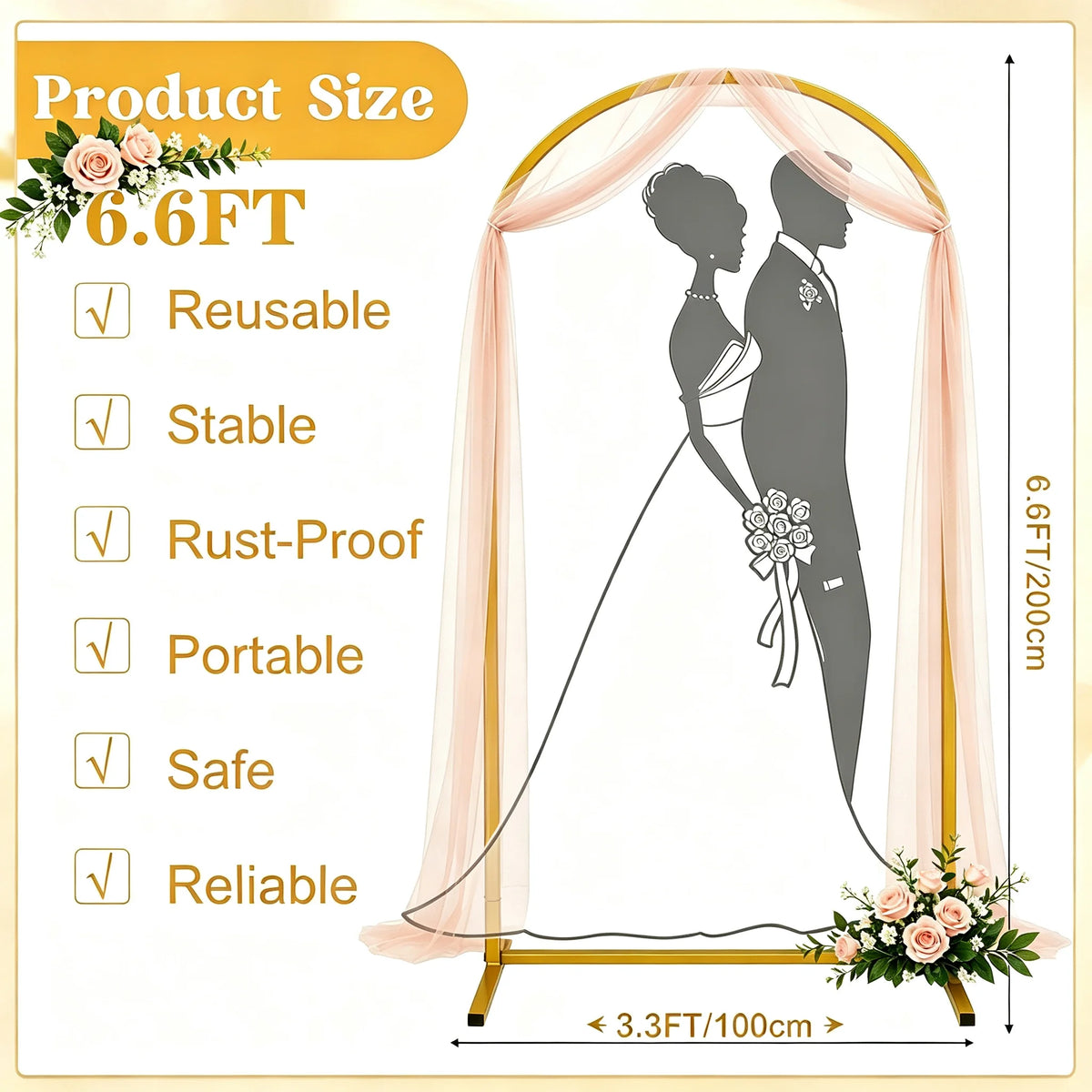 A gold metal arch backdrop stand for a photo booth or display, featuring a sheer fabric drape and floral accents.