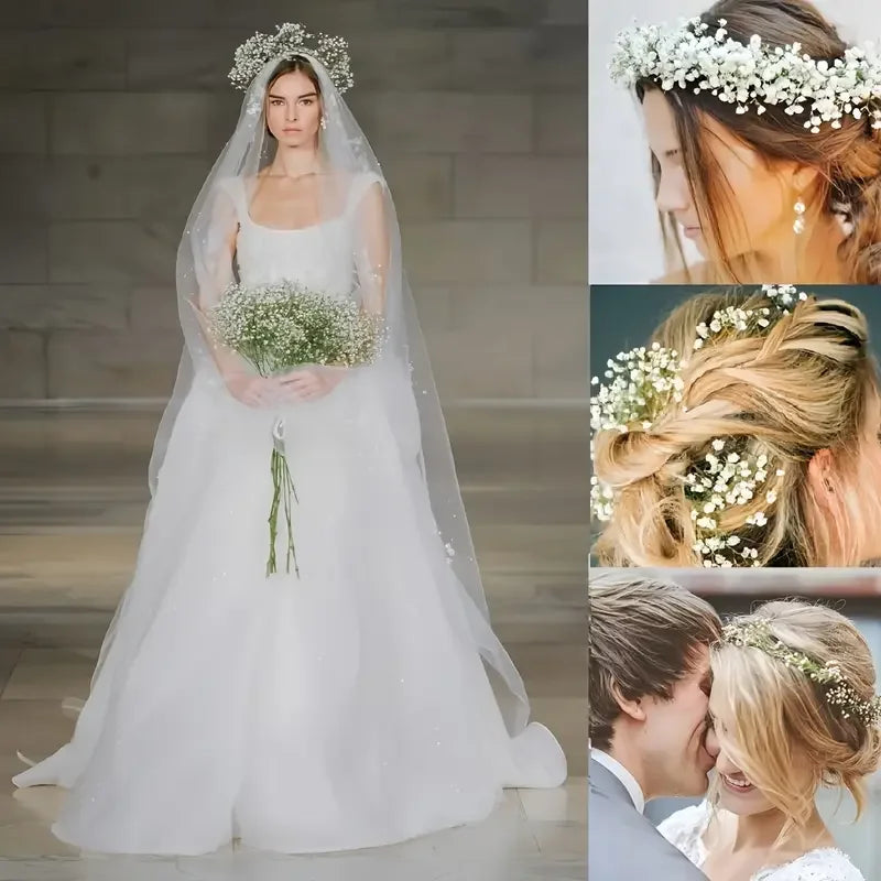 A bride wearing a white gown and veil holds a bouquet of artificial baby's breath flowers.