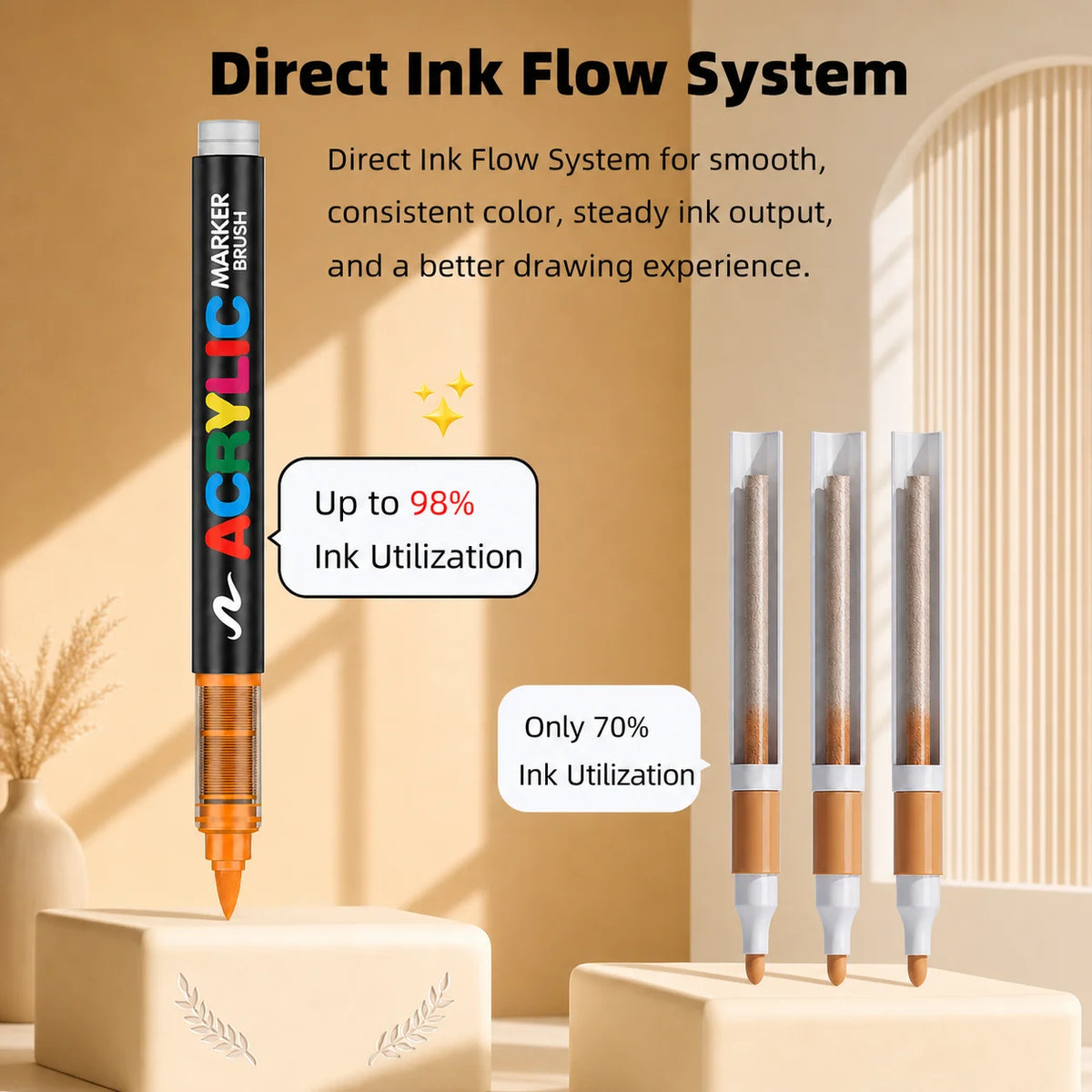 A black marker pen with an acrylic brush tip is shown next to several empty markers demonstrating ink utilization.