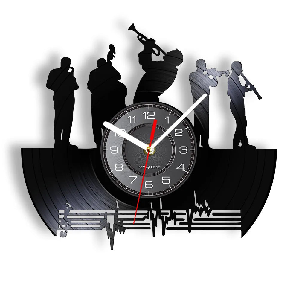 A wall clock shaped like a vinyl record featuring silhouettes of musicians and a clock face.