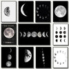 A collection of minimalist black and white prints depicting various moon phases and lunar imagery.
