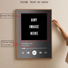 A framed canvas print mockup showing options for custom photos and song lyrics on a dark background