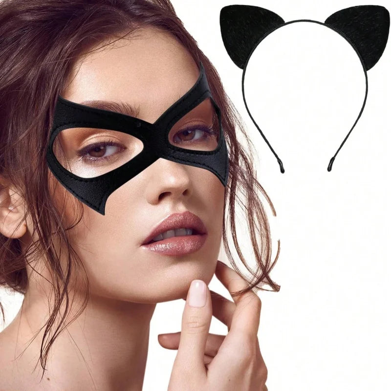 A woman wearing a black cat ear headband and eye mask set for costume parties.
