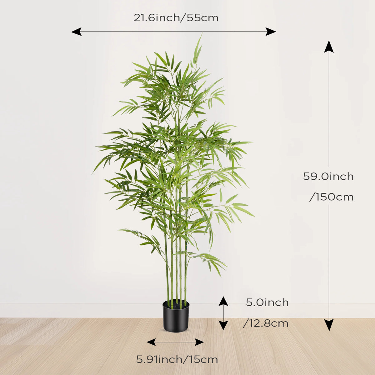 Artificial bamboo tree in a black pot with long green leaves, shown against a white background.