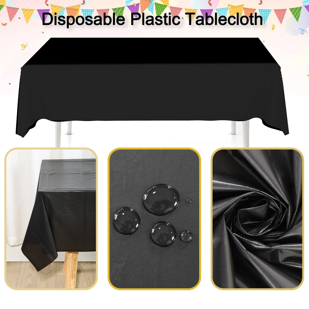 Black disposable plastic tablecloth shown in various forms including a draped cloth and a folded square.