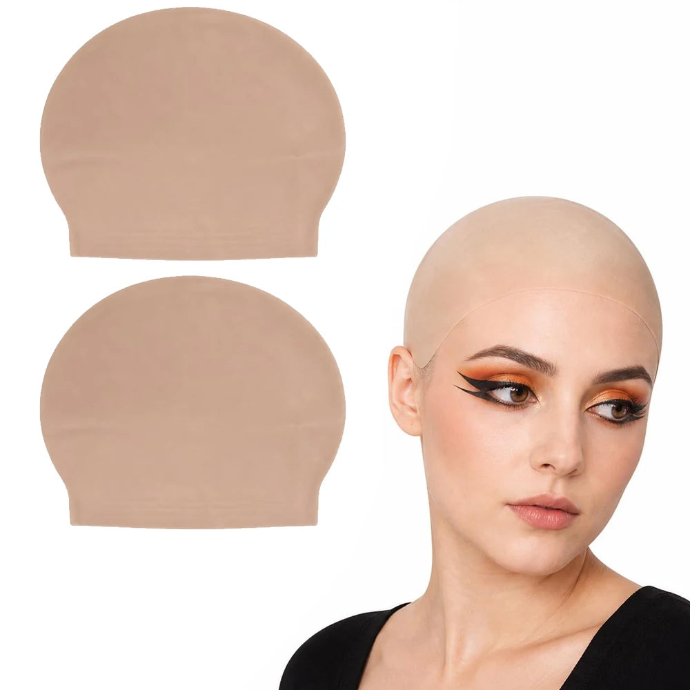 A beige latex bald cap for adults shown as a separate piece and worn on a model's head.