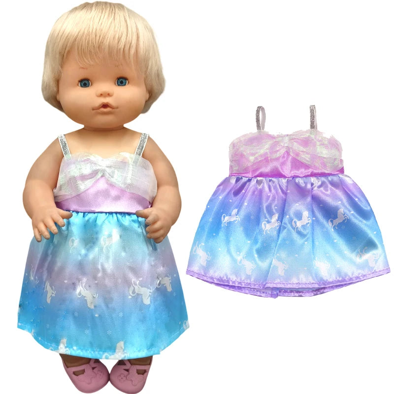 A blonde doll wearing a purple and blue iridescent outfit set.