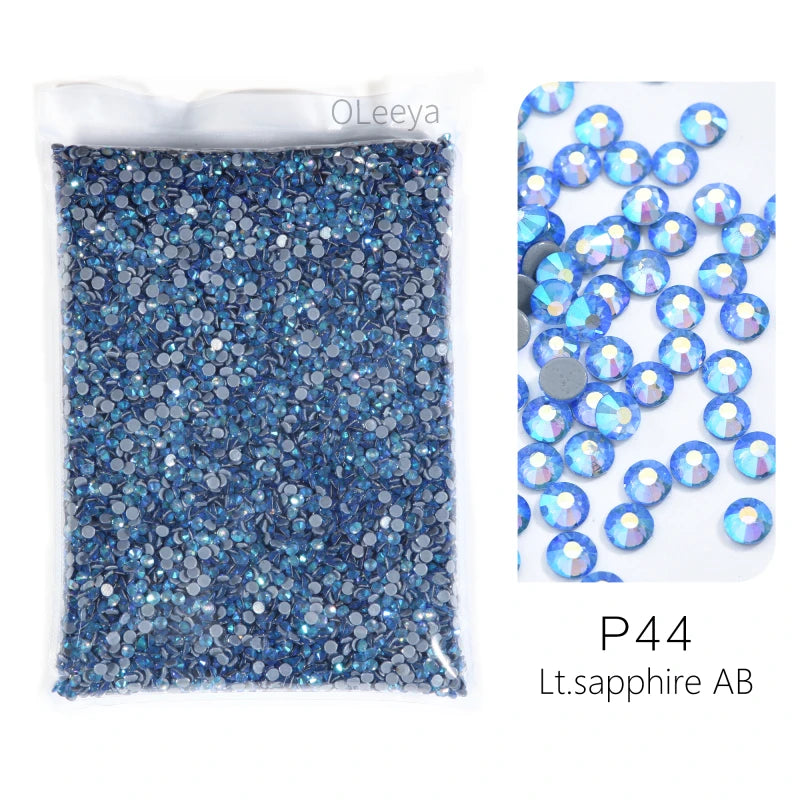 P44 Lt sapphire AB glass rhinestones in mixed sizes