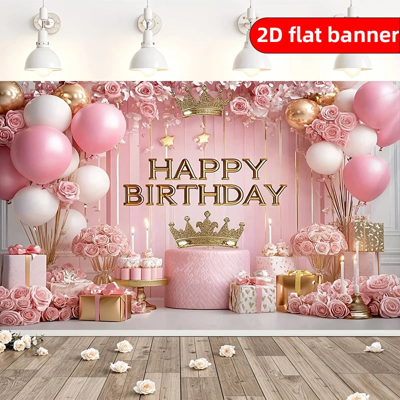 Elegant pink and gold happy birthday backdrop featuring balloons, roses, and a crown design.