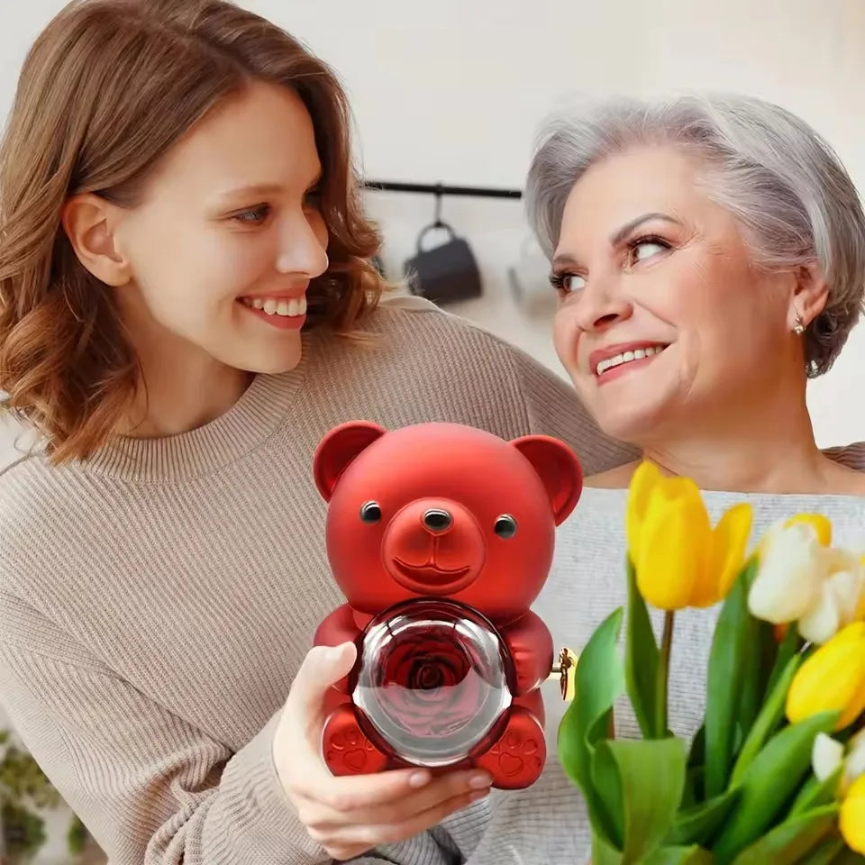 Rotating Hugging Bear Jewelry Box with Rose