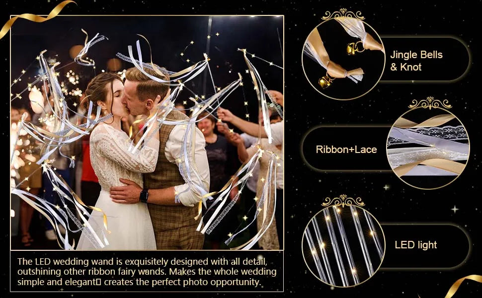 LED wedding wand with ribbons and bells used for photo opportunities at a wedding
