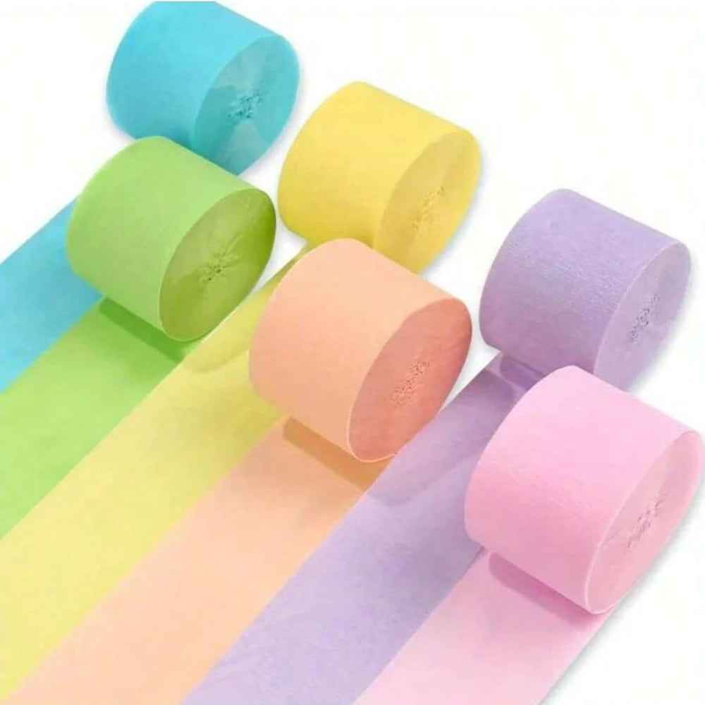 Six rolls of pastel crepe paper streamers in various shades including blue, yellow, green, and pink.