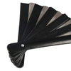 Black folding hand fan with UV fluorescent blades shown from the side.