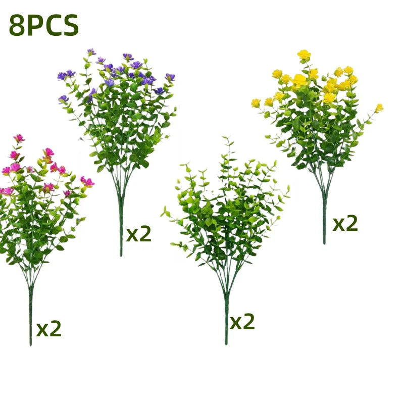 Eight pieces of faux floral plants featuring purple, yellow, and pink blossoms for outdoor decoration