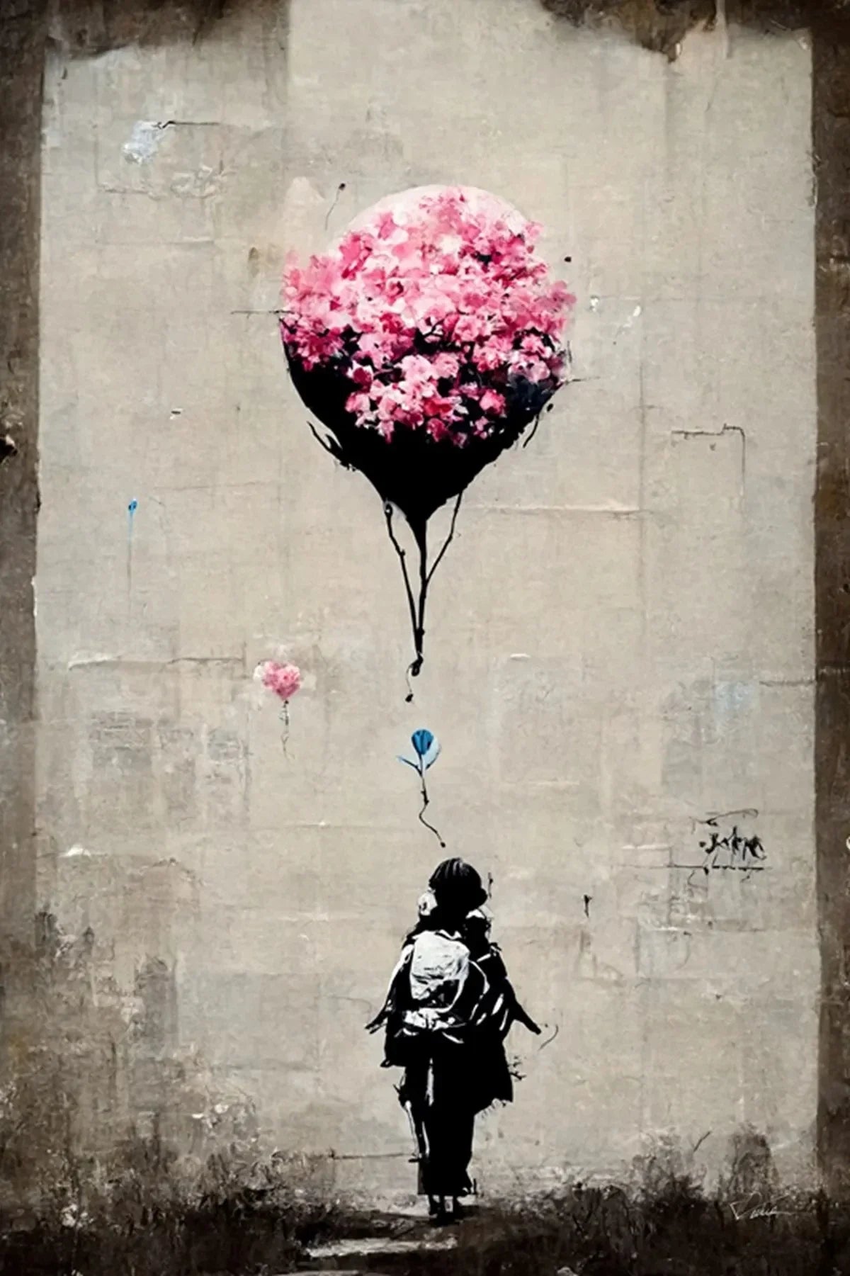 Banksy style canvas art featuring a pink floral balloon floating against a gray wall with a silhouette of a person below.