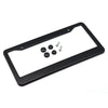 Black stainless steel license plate frame with four screw covers and mounting hardware