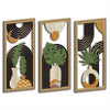Three framed pieces of boho wood leaf wall art featuring natural tones and geometric patterns.
