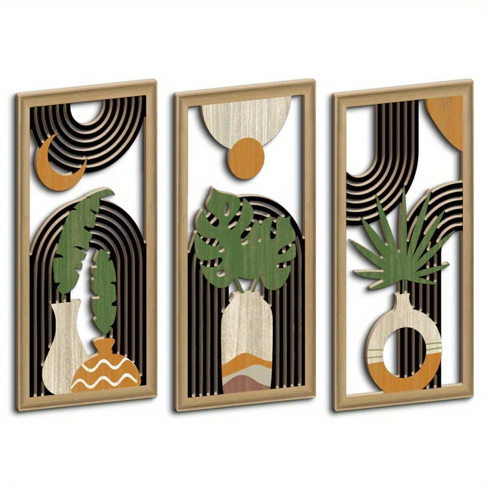 Three framed pieces of boho wood leaf wall art featuring natural tones and geometric patterns.