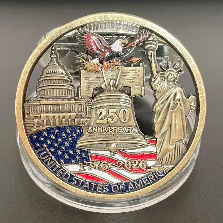 A round collectible coin featuring a statue of Liberty, an eagle, and a bell, commemorating the United States 250th anniversa