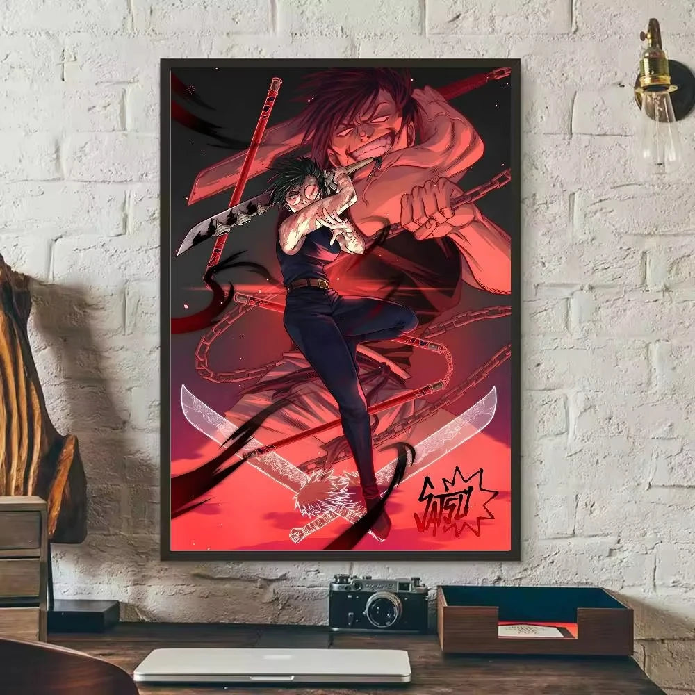 Anime canvas art poster featuring Toji Fushiguro in a dynamic pose with a katana against a red background