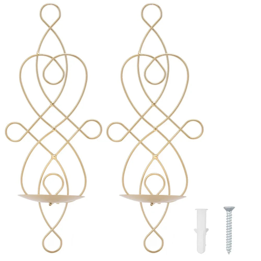 A set of decorative iron wall candle sconces featuring an intertwined, organic design.